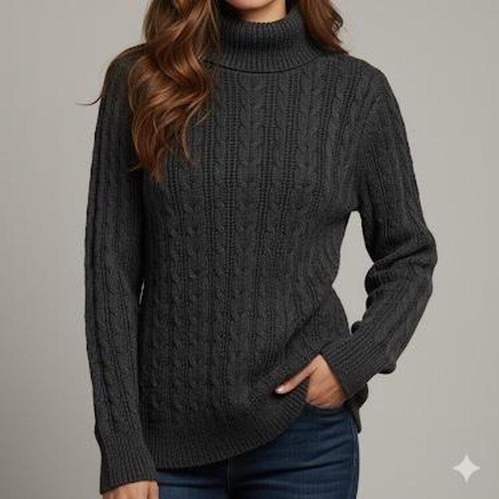 St. John's Bay Dark Grey Cable Knit Turtle Neck Sweater Size L